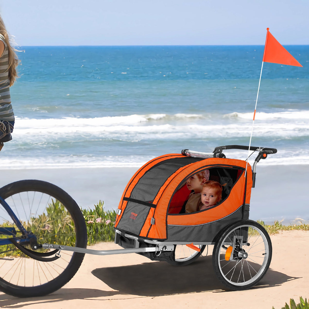 Bike Trailer for Toddlers & Kids | Double Seat 45kg Load | 2-in-1 Canopy Carrier Converts to Stroller | Tow-Behind Foldable Bicycle Trailer with Universal Coupler | Orange & Grey