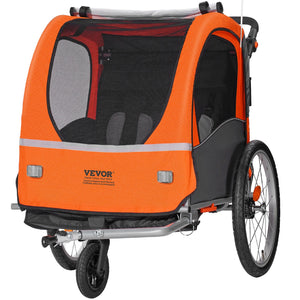 Bike Trailer for Toddlers & Kids | Double Seat 45kg Load | 2-in-1 Canopy Carrier Converts to Stroller | Tow-Behind Foldable Bicycle Trailer with Universal Coupler | Orange & Grey