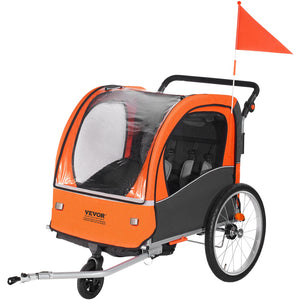 Bike Trailer for Toddlers & Kids | Double Seat 45kg Load | 2-in-1 Canopy Carrier Converts to Stroller | Tow-Behind Foldable Bicycle Trailer with Universal Coupler | Orange & Grey