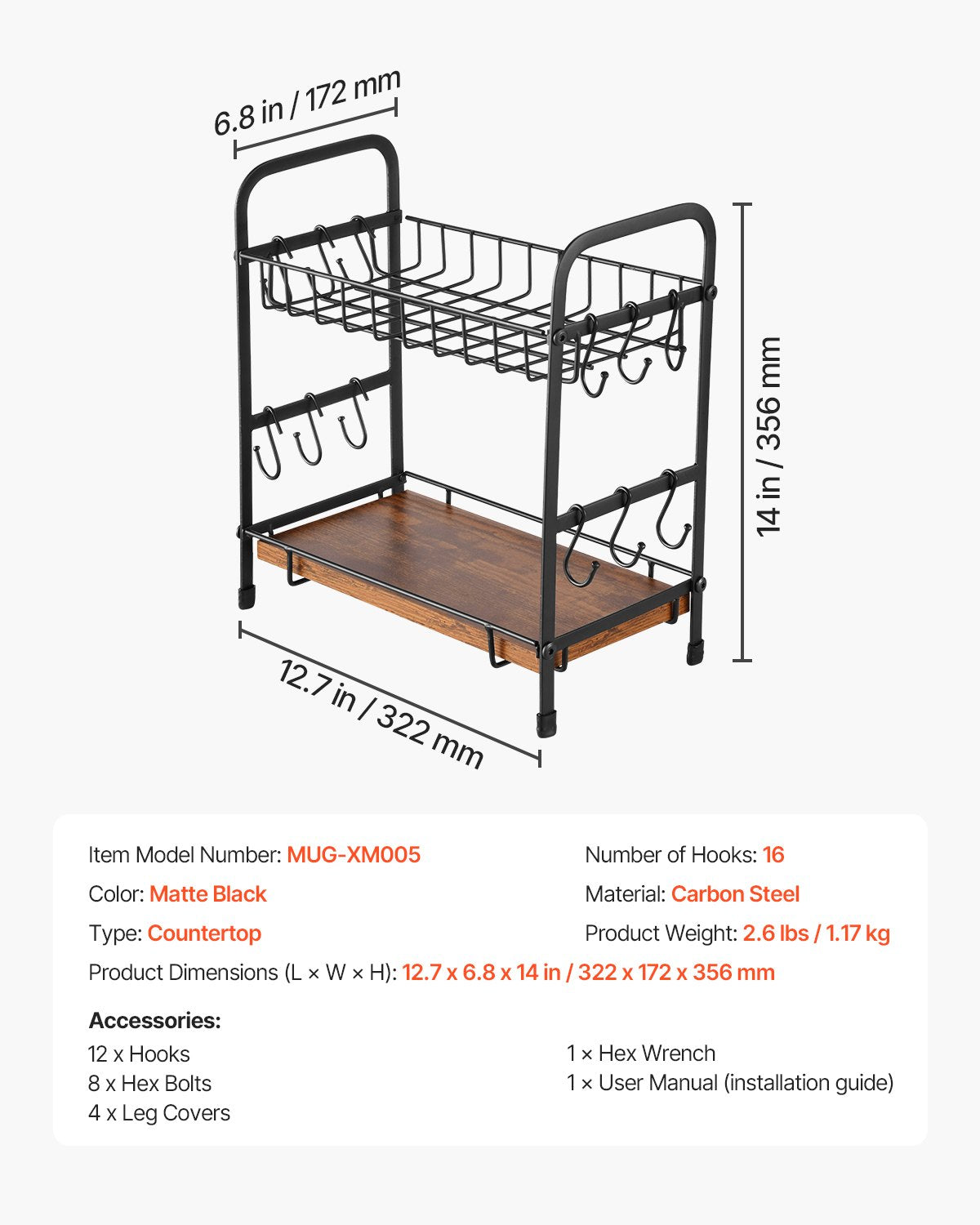 Coffee Bar Organizer | 2-Tier Countertop Stand with 12 Hooks