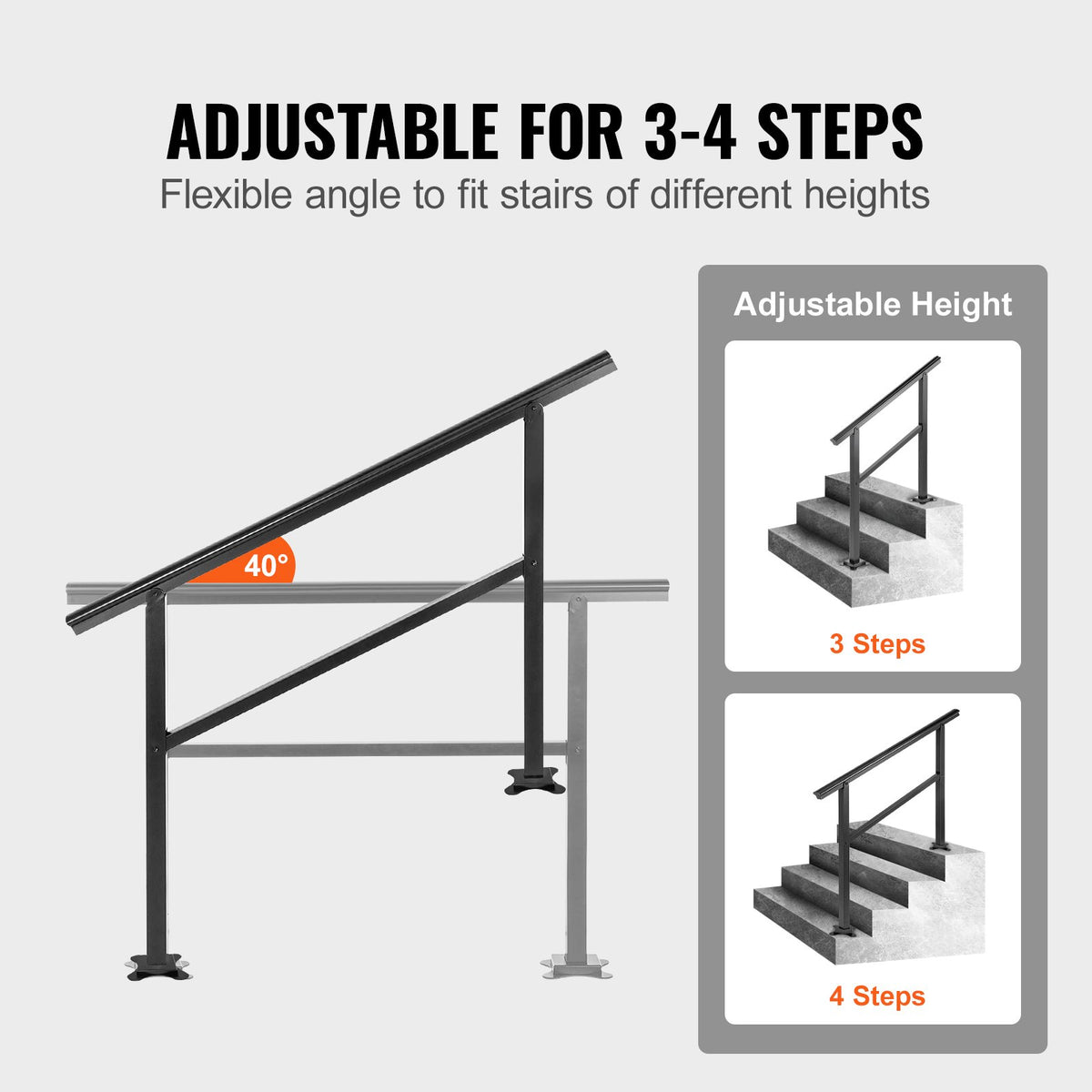 Outdoor Stair Handrail 47.6"x35.2" | Adjustable 0°-30° | Fits 3-4 Steps | Black Aluminum