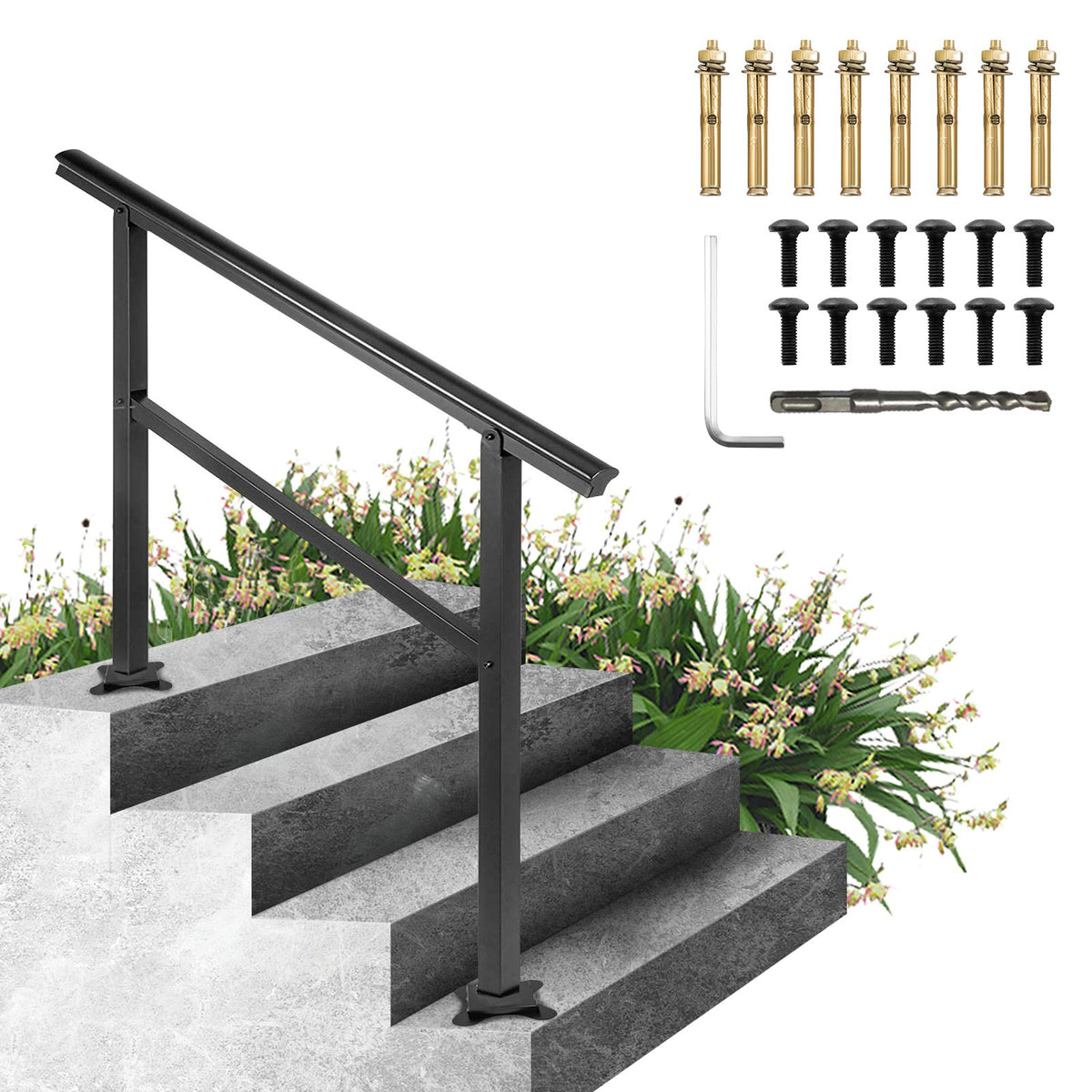 Outdoor Stair Handrail 47.6"x35.2" | Adjustable 0°-30° | Fits 3-4 Steps | Black Aluminum