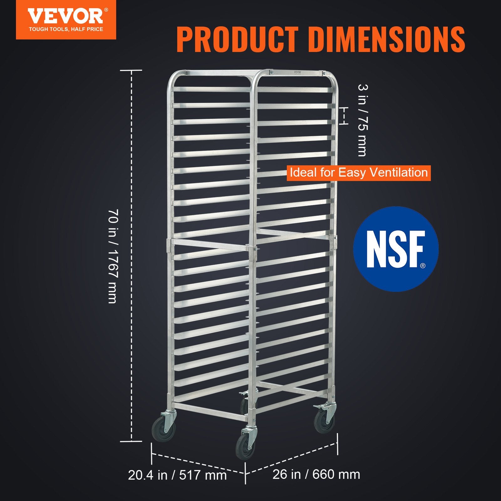 Bun Pan Rack 20-Tier | Commercial Aluminium Bakery Rack with Brake Wheels | Fits Half & Full Sheet Pans | Kitchen Storage Speed Rack | Bread Baking Equipment 660x517x1767mm