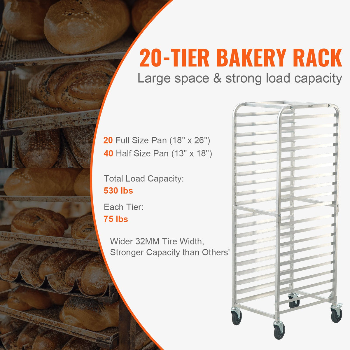 Bun Pan Rack 20-Tier | Commercial Aluminium Bakery Rack with Brake Wheels | Fits Half & Full Sheet Pans | Kitchen Storage Speed Rack | Bread Baking Equipment 660x517x1767mm