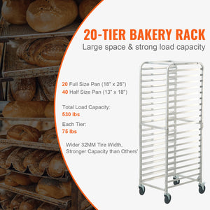 Bun Pan Rack 20-Tier | Commercial Aluminium Bakery Rack with Brake Wheels | Fits Half & Full Sheet Pans | Kitchen Storage Speed Rack | Bread Baking Equipment 660x517x1767mm