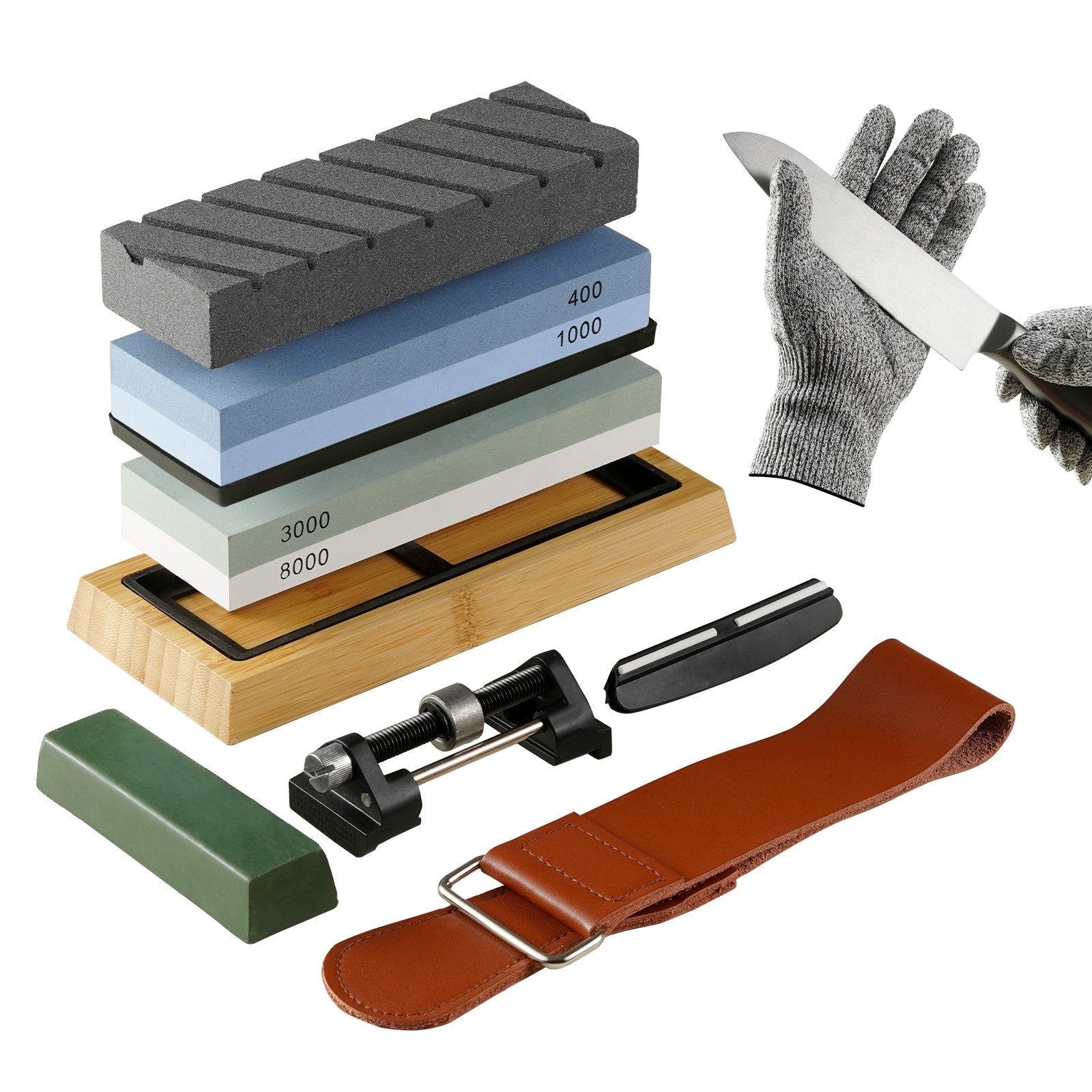 Knife Sharpening Kit 10 Piece | Dual-Sided Whetstones 400/1000 & 3000/8000 | Includes Bases, Guides & Flattening Stone