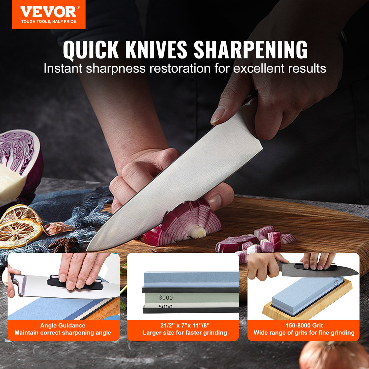 Knife Sharpening Kit 10 Piece | Dual-Sided Whetstones 400/1000 & 3000/8000 | Includes Bases, Guides & Flattening Stone