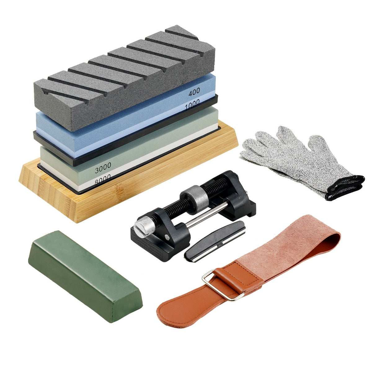 Knife Sharpening Kit 10 Piece | Dual-Sided Whetstones 400/1000 & 3000/8000 | Includes Bases, Guides & Flattening Stone