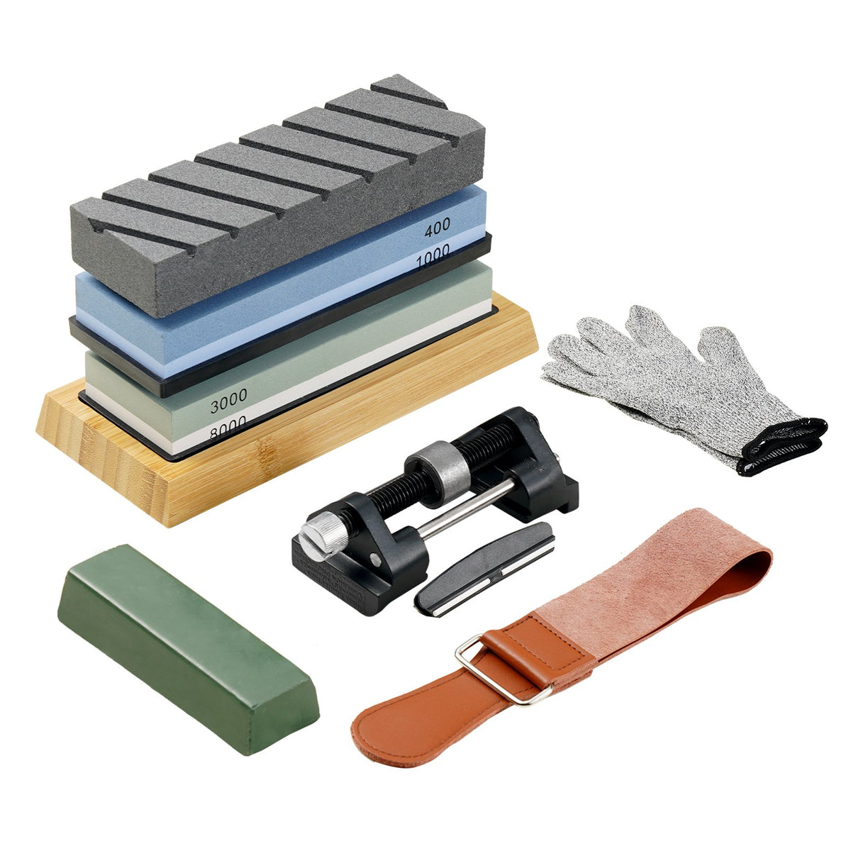 Knife Sharpening Kit 10 Piece | Dual-Sided Whetstones 400/1000 & 3000/8000 | Includes Bases, Guides & Flattening Stone