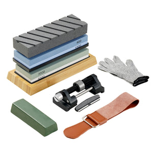 Knife Sharpening Kit 10 Piece | Dual-Sided Whetstones 400/1000 & 3000/8000 | Includes Bases, Guides & Flattening Stone
