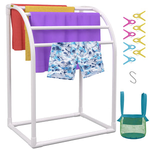 Pool Towel Rack 5 Bar | Milky PVC Freestanding Rack with 8 Clips & Mesh Bag | For Poolside, Beach & Outdoor Storage