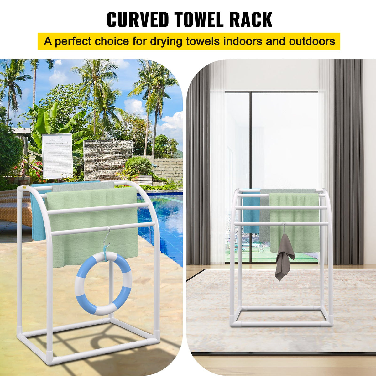 Pool Towel Rack 5 Bar | Milky PVC Freestanding Rack with 8 Clips & Mesh Bag | For Poolside, Beach & Outdoor Storage
