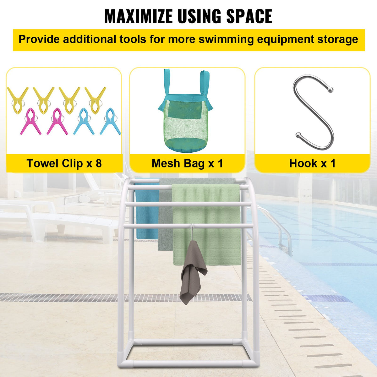 Pool Towel Rack 5 Bar | Milky PVC Freestanding Rack with 8 Clips & Mesh Bag | For Poolside, Beach & Outdoor Storage