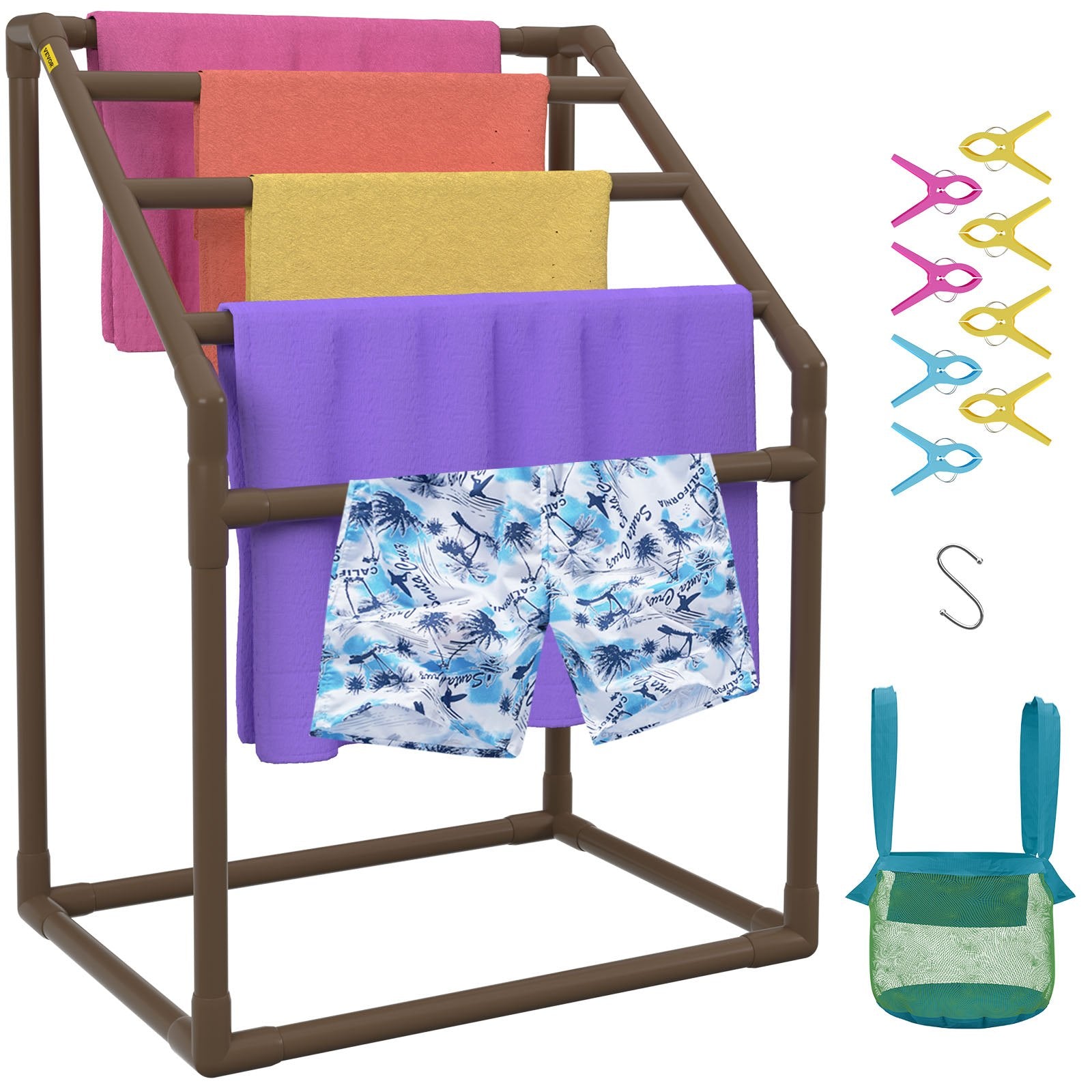 Pool Towel Rack 5 Bar | Brown PVC Freestanding Rack with 8 Clips & Mesh Bag | For Poolside, Beach & Outdoor Storage