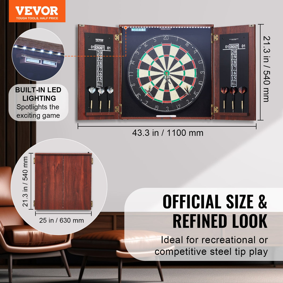 Dartboard & Cabinet Set | Official Size Steel Tip Dart Game with Accessories