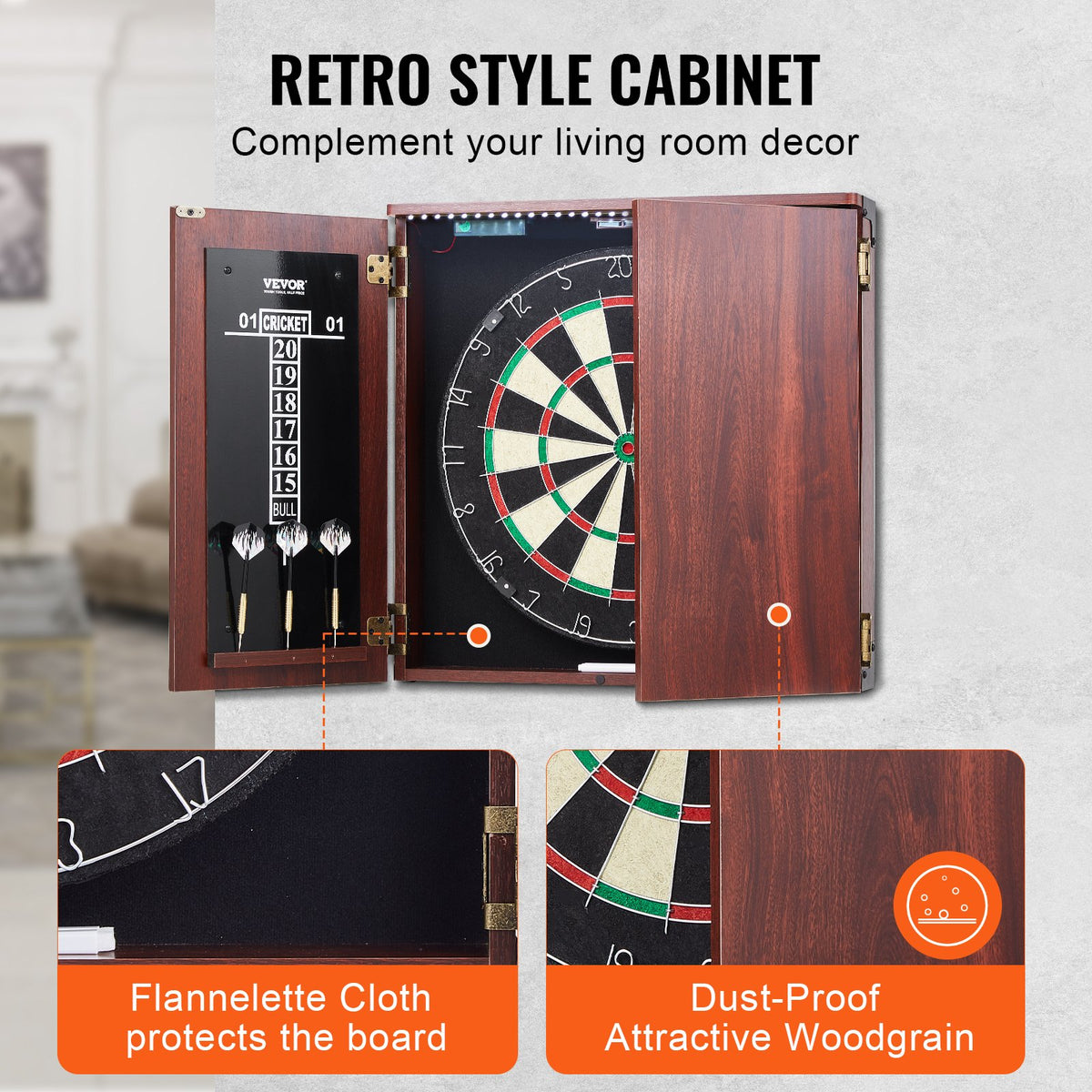 Dartboard & Cabinet Set | Official Size Steel Tip Dart Game with Accessories