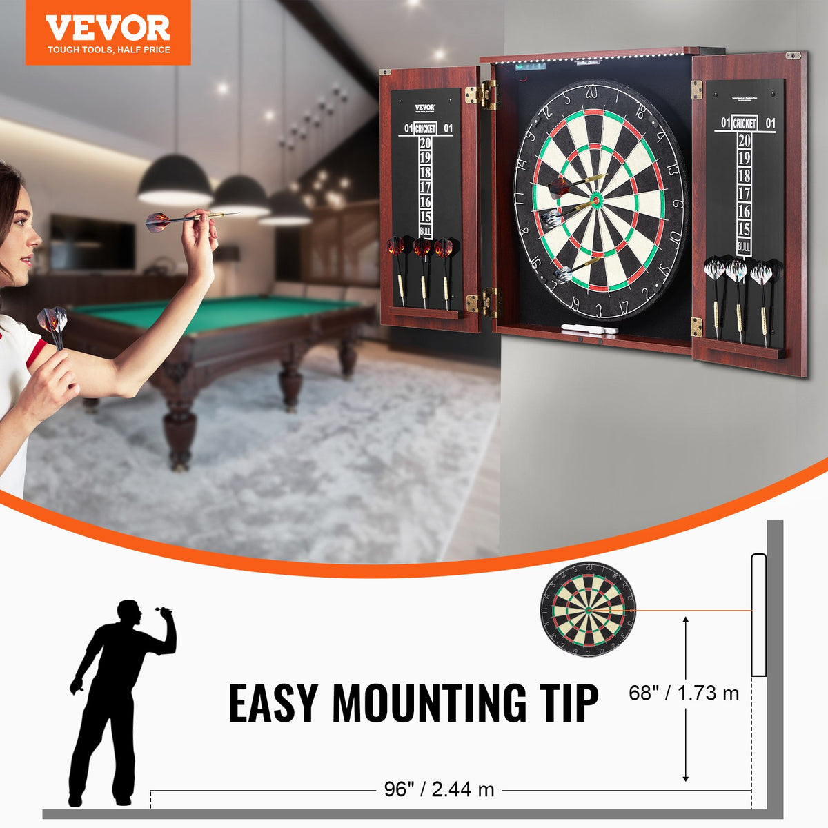 Dartboard & Cabinet Set | Official Size Steel Tip Dart Game with Accessories