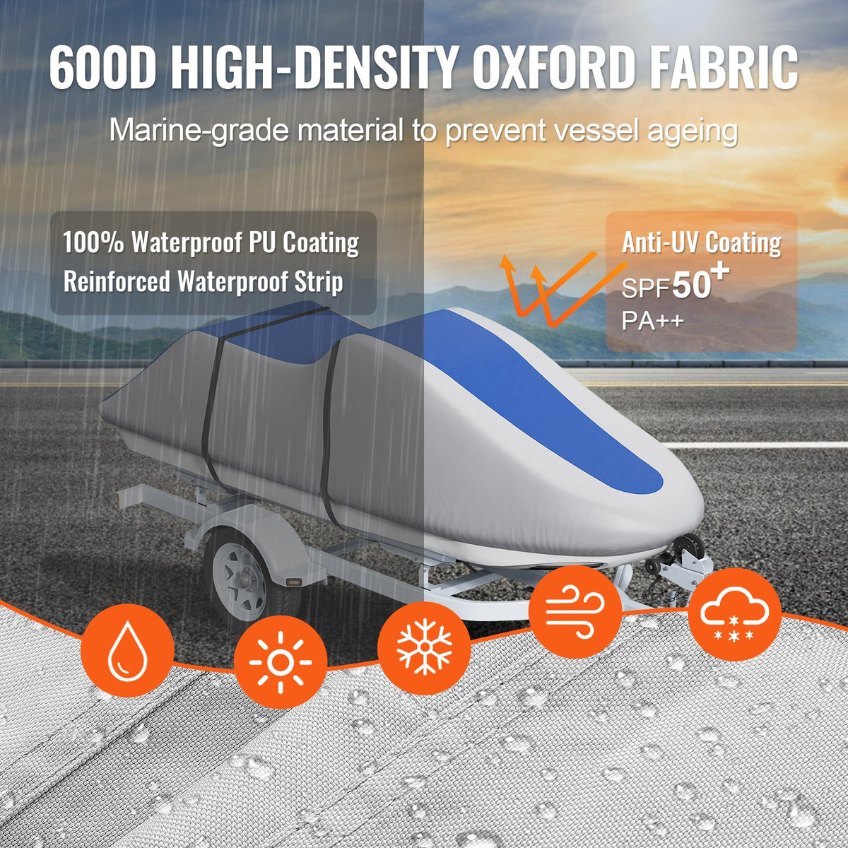 Jet Ski Cover 320-342cm | Waterproof 600D Oxford Fabric | UV Resistant PWC Cover with Buckle Straps | Grey & Blue