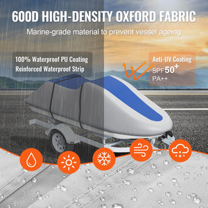 Jet Ski Cover 320-342cm | Waterproof 600D Oxford Fabric | UV Resistant PWC Cover with Buckle Straps | Grey & Blue