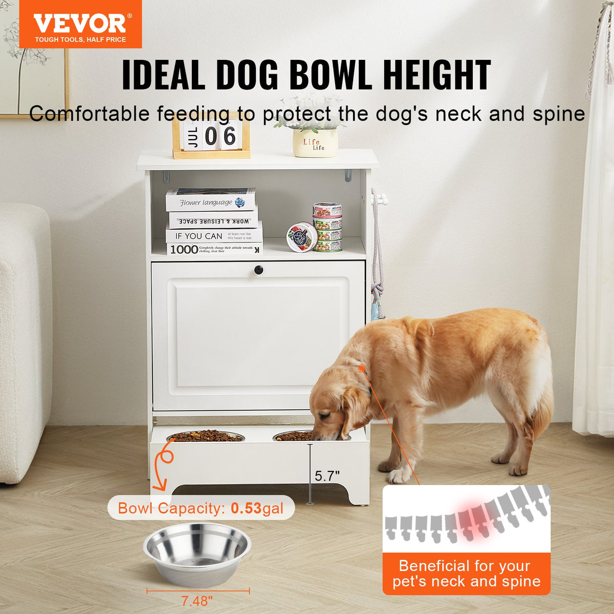 Pet Feeding Station | 2 Elevated Dog Bowls with Food & Toy Storage Cabinet | Wooden Pet Furniture