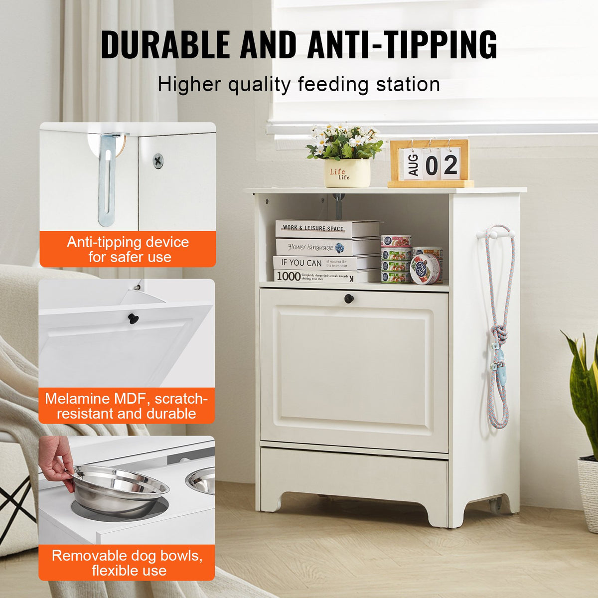 Pet Feeding Station | 2 Elevated Dog Bowls with Food & Toy Storage Cabinet | Wooden Pet Furniture