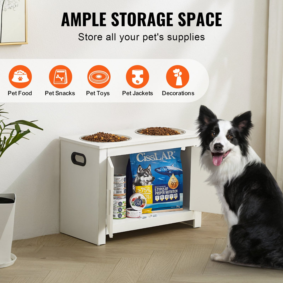 Pet Feeding Station | Raised Dog Bowls with Food & Toy Storage Cabinet