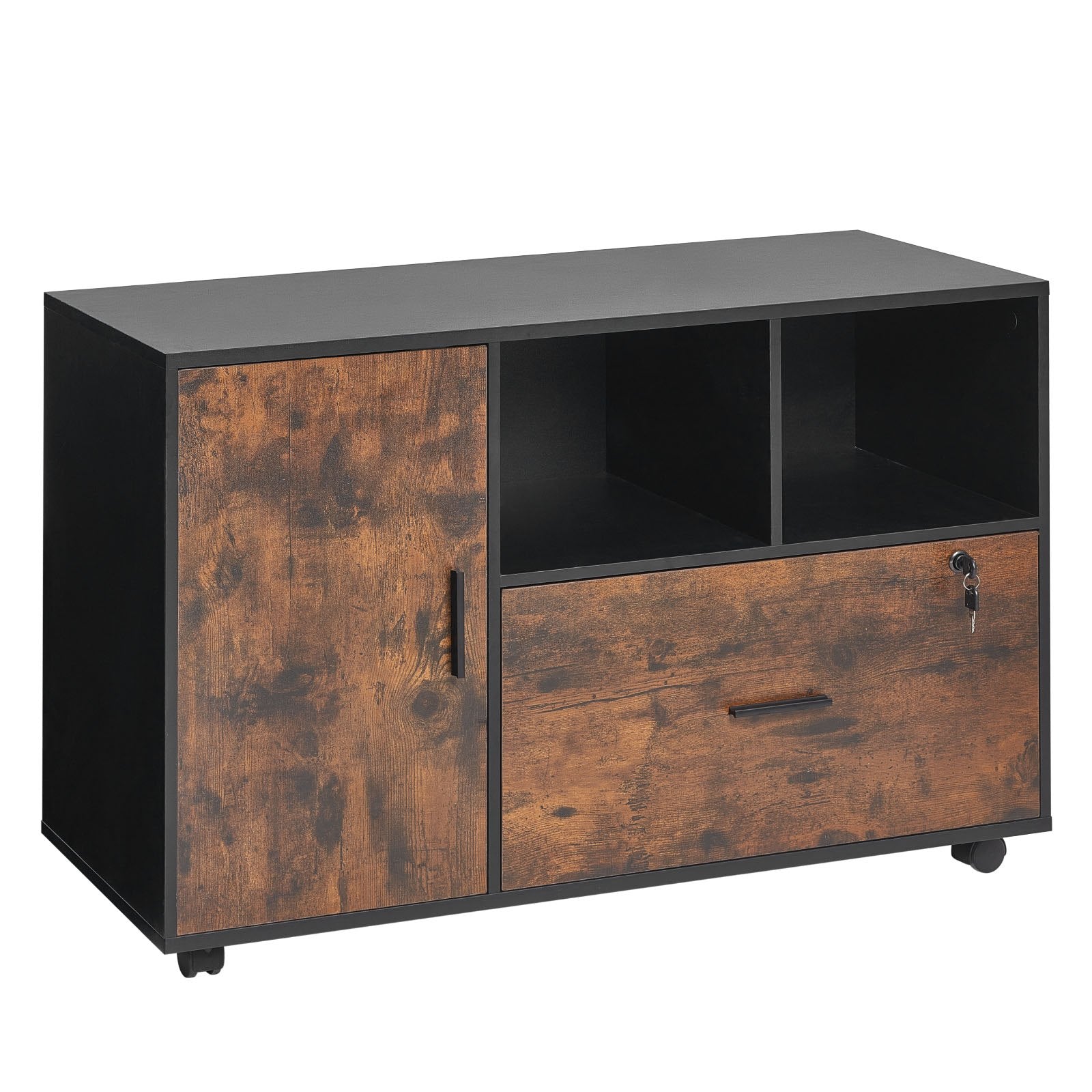 Lockable File Cabinet | Rustic Brown Mobile Wooden Office Storage