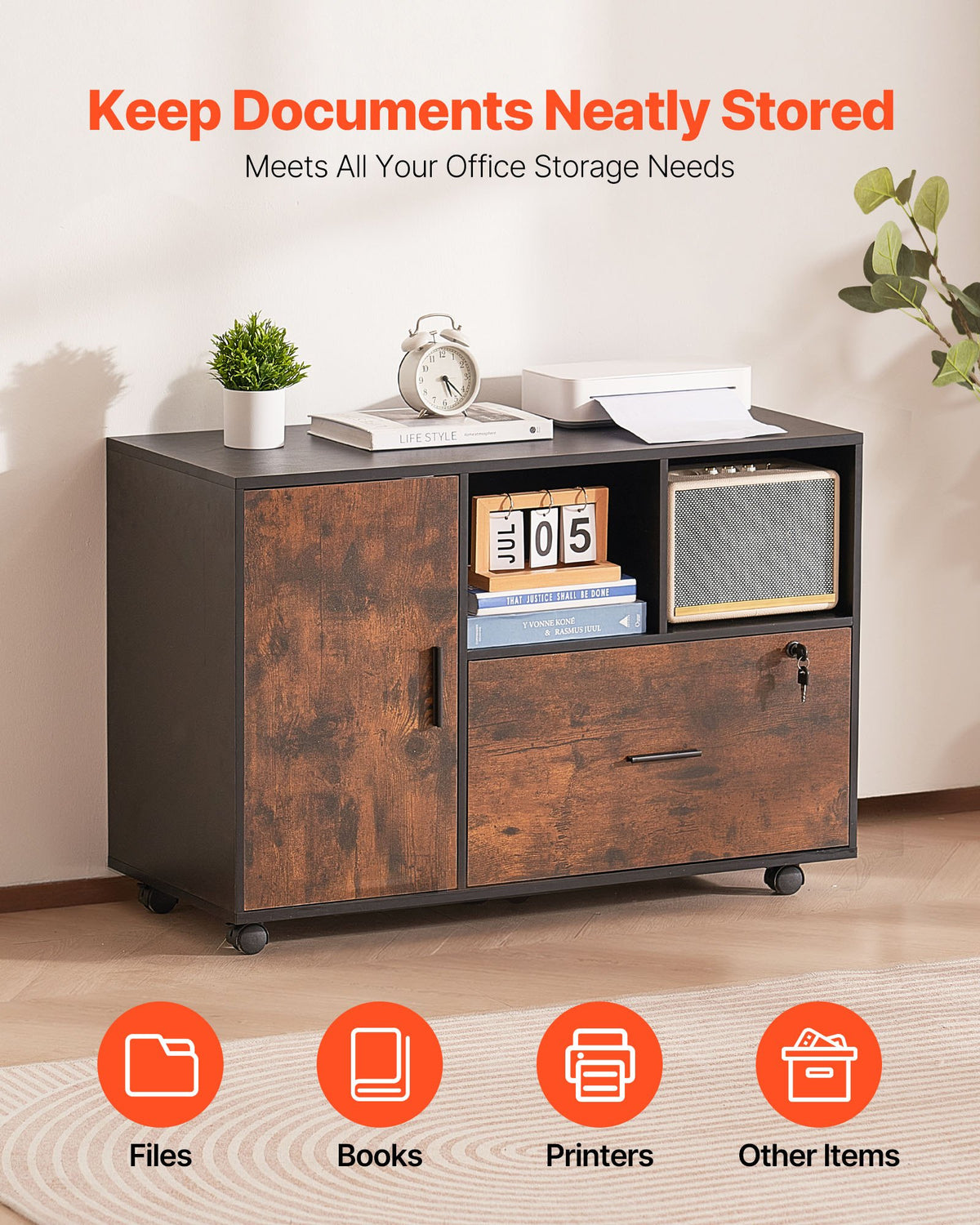 Lockable File Cabinet | Rustic Brown Mobile Wooden Office Storage