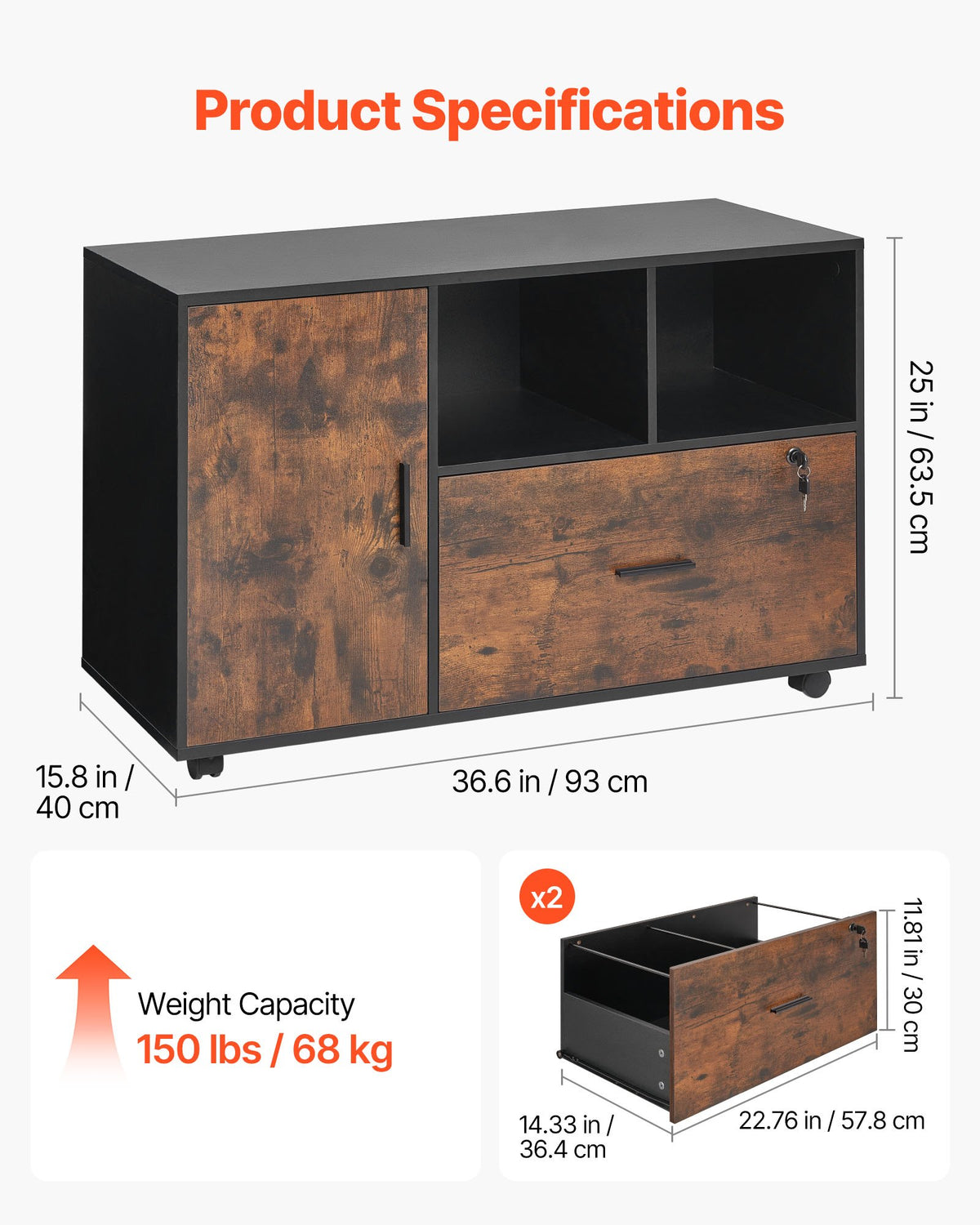 Lockable File Cabinet | Rustic Brown Mobile Wooden Office Storage