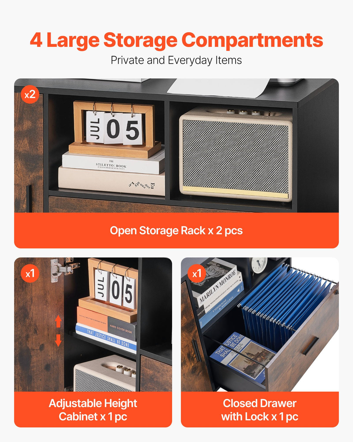 Lockable File Cabinet | Rustic Brown Mobile Wooden Office Storage