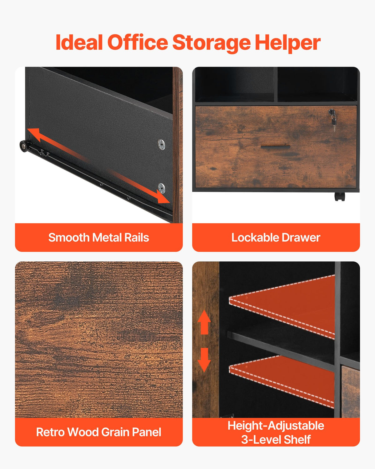 Lockable File Cabinet | Rustic Brown Mobile Wooden Office Storage
