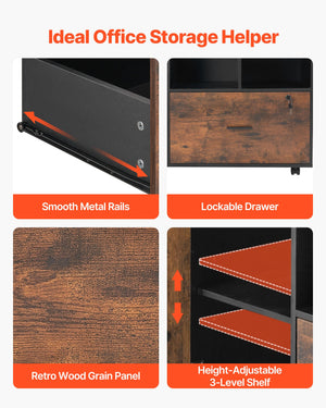 Lockable File Cabinet | Rustic Brown Mobile Wooden Office Storage