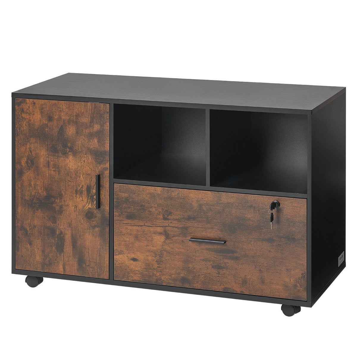 Lockable File Cabinet | Rustic Brown Mobile Wooden Office Storage