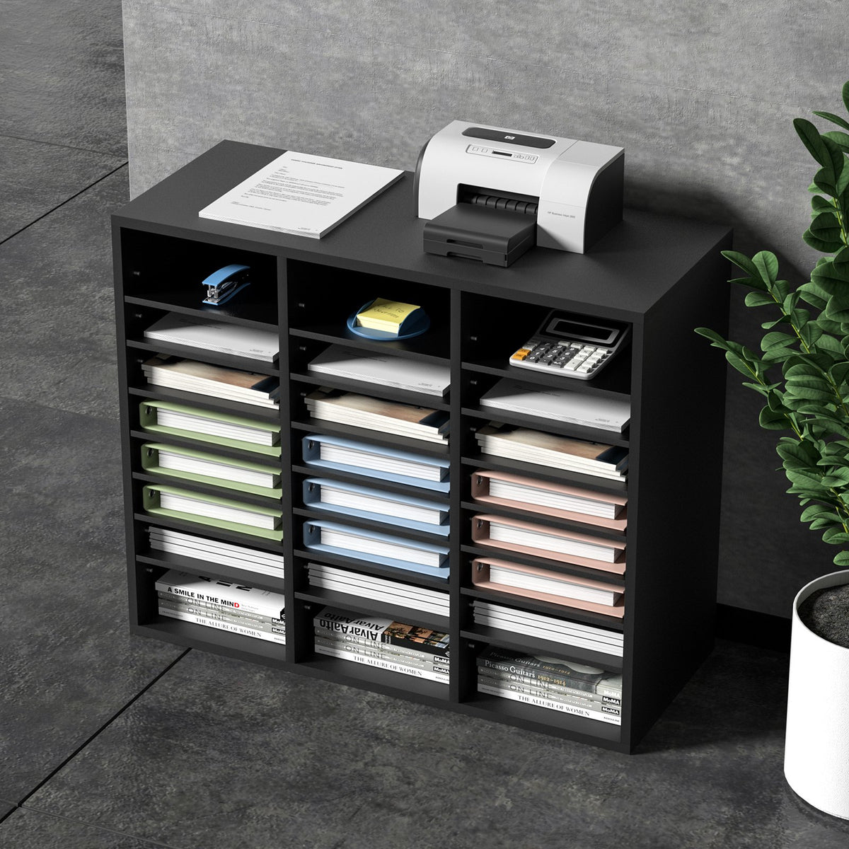 Wood Literature Organizer | Adjustable File Sorter | 24 Compartments | Black