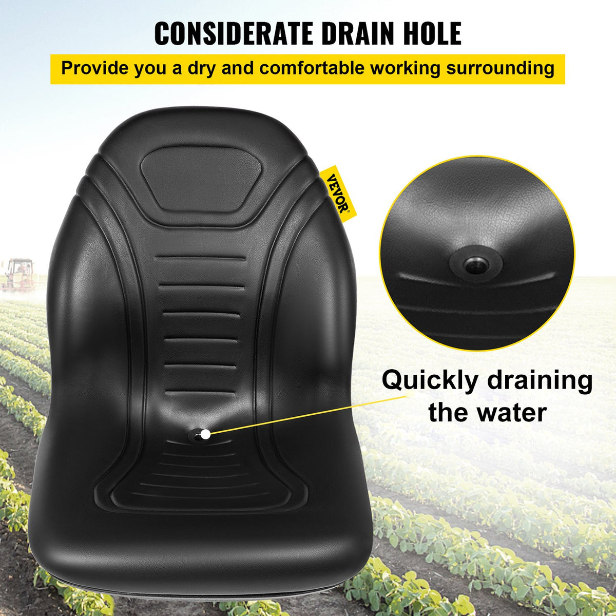 Universal Lawn Tractor Seat | High Back Black Vinyl Seat with Central Drain Hole | Fits Multiple Mount Patterns