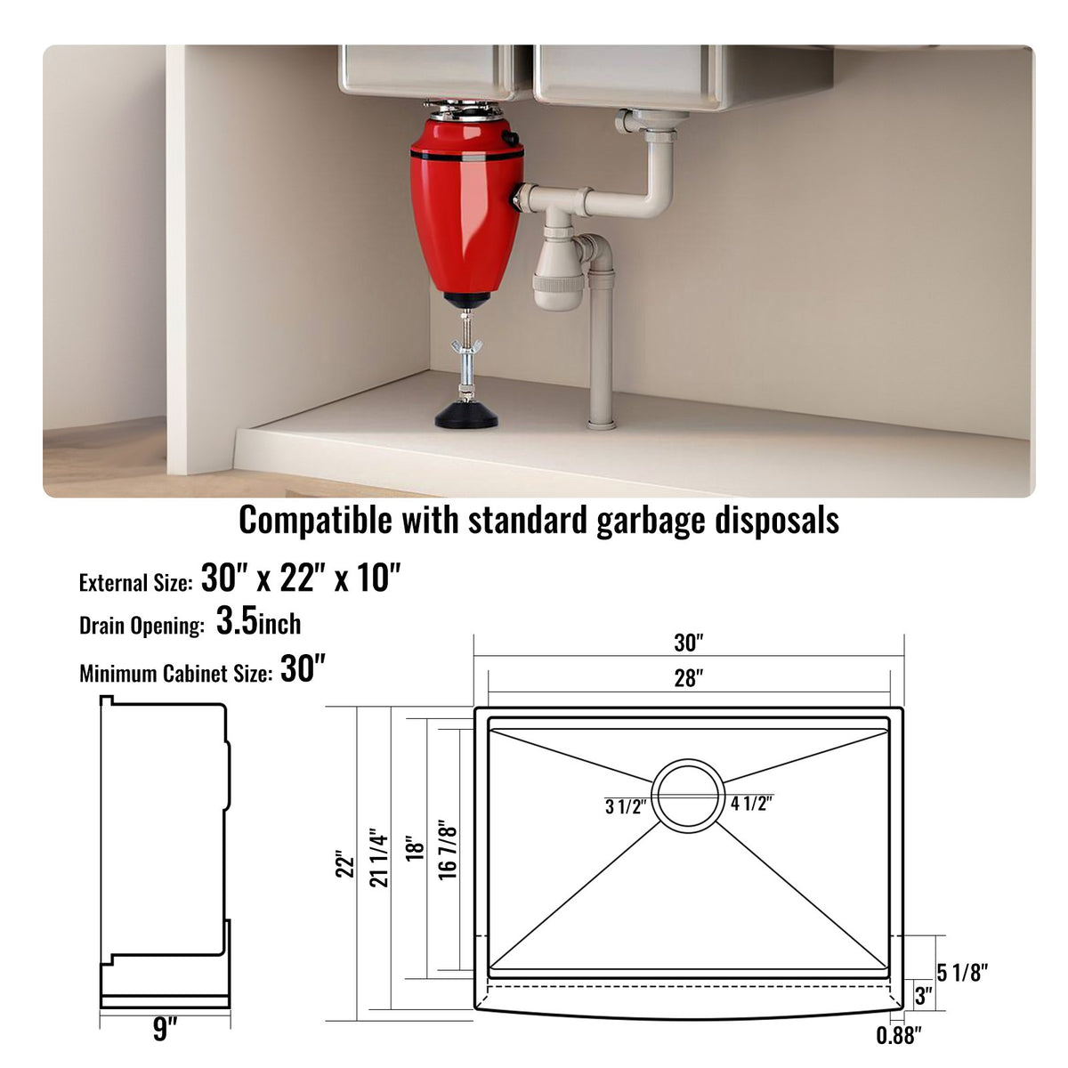 Farmhouse Kitchen Sink | 30" 304 Stainless Steel Drop-In with Ledge & Accessories | Top Mount Single Bowl Basin