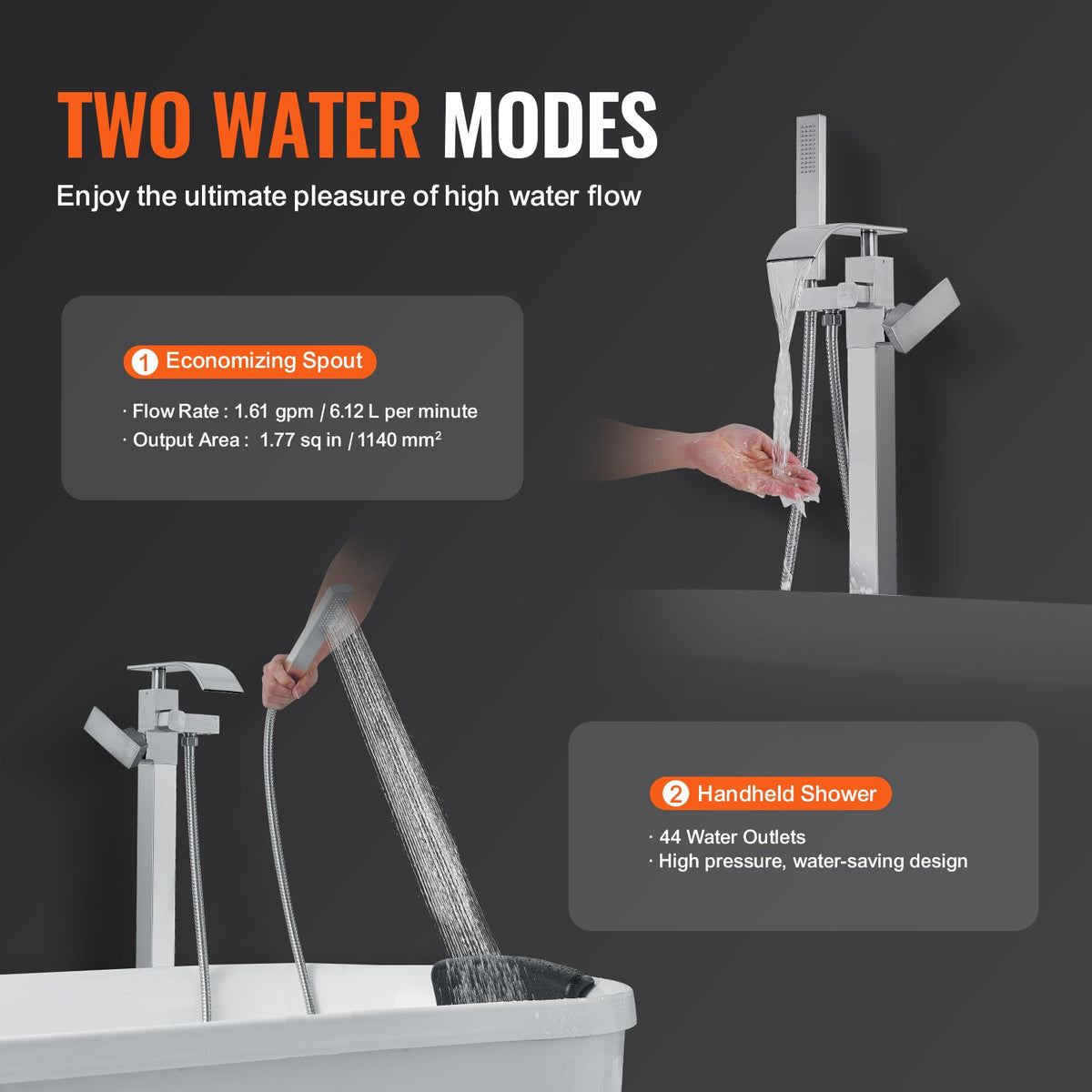 Freestanding Bathtub Faucet | Floor-Mount Tub Filler with Swivel Spout & Shower Mixer | 2 Water Modes