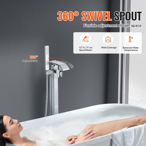 Freestanding Bathtub Faucet | Floor-Mount Tub Filler with Swivel Spout & Shower Mixer | 2 Water Modes