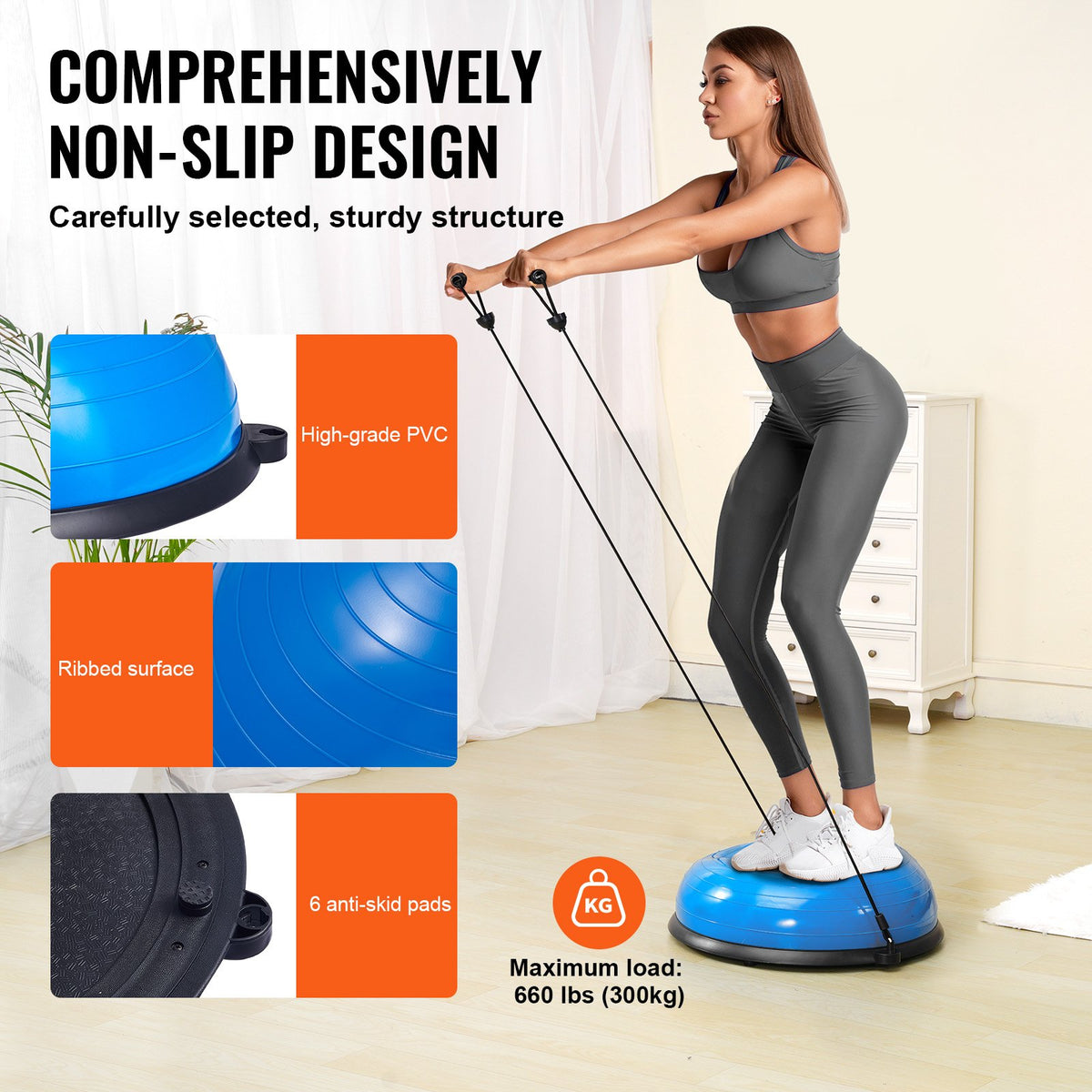 Half Exercise Ball Trainer 23 Inch | 660lbs Capacity Balance Ball with Resistance Bands & Foot Pump | Stability Training & Yoga Fitness Ball | Blue