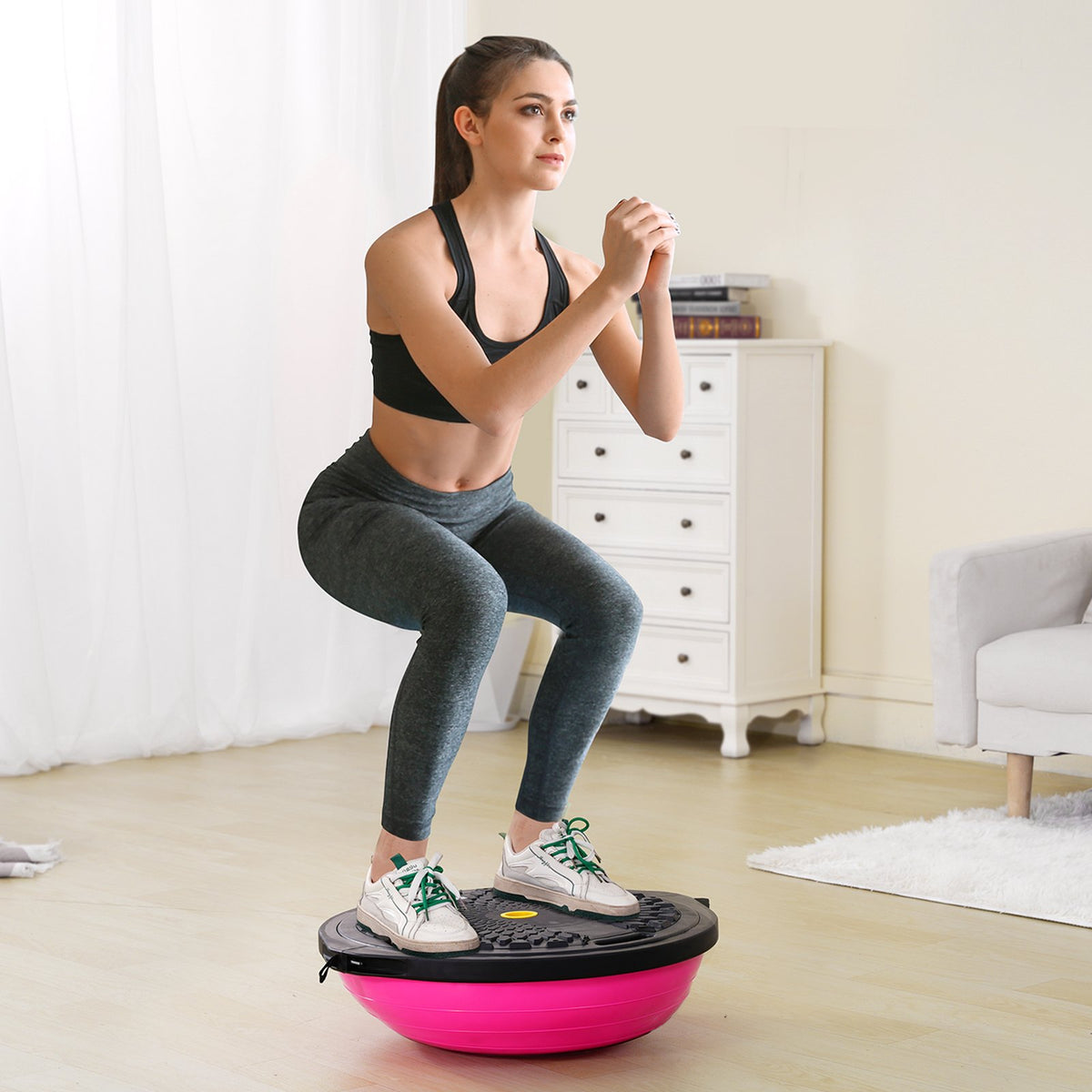 Half Exercise Ball Trainer 26 Inch | 1500lbs Capacity Balance Ball with Resistance Bands & Foot Pump | Strength Training & Yoga Fitness Ball | Pink