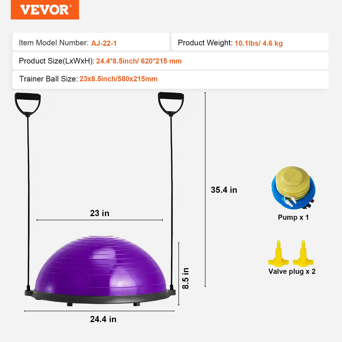 Half Exercise Ball Trainer 23 Inch | Stability Balance Trainer with Resistance Bands & Pump | 660lbs Capacity | Purple
