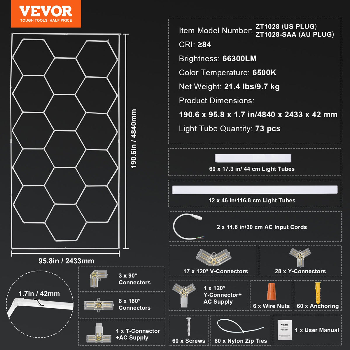 Hexagon Garage Lights | 66,300LM 15-Grid Honeycomb LED Shop Ceiling Fixture