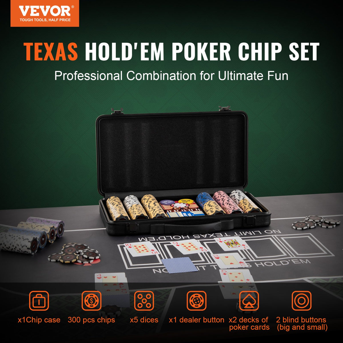 Poker Chip Set 300 Piece | 14g Clay Chips with Cards, Buttons & Dice in Carry Case