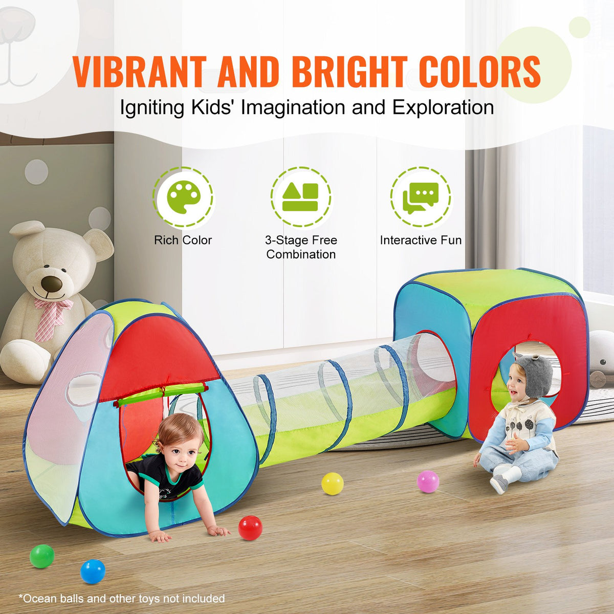 Kids Play Tent | 3-in-1 Tunnel & Playhouse | Indoor/Outdoor Red Yellow Blue Pop-Up Set with Carry Bag