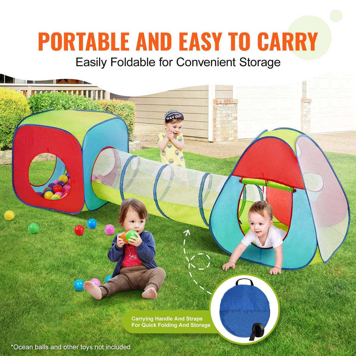 Kids Play Tent | 3-in-1 Tunnel & Playhouse | Indoor/Outdoor Red Yellow Blue Pop-Up Set with Carry Bag