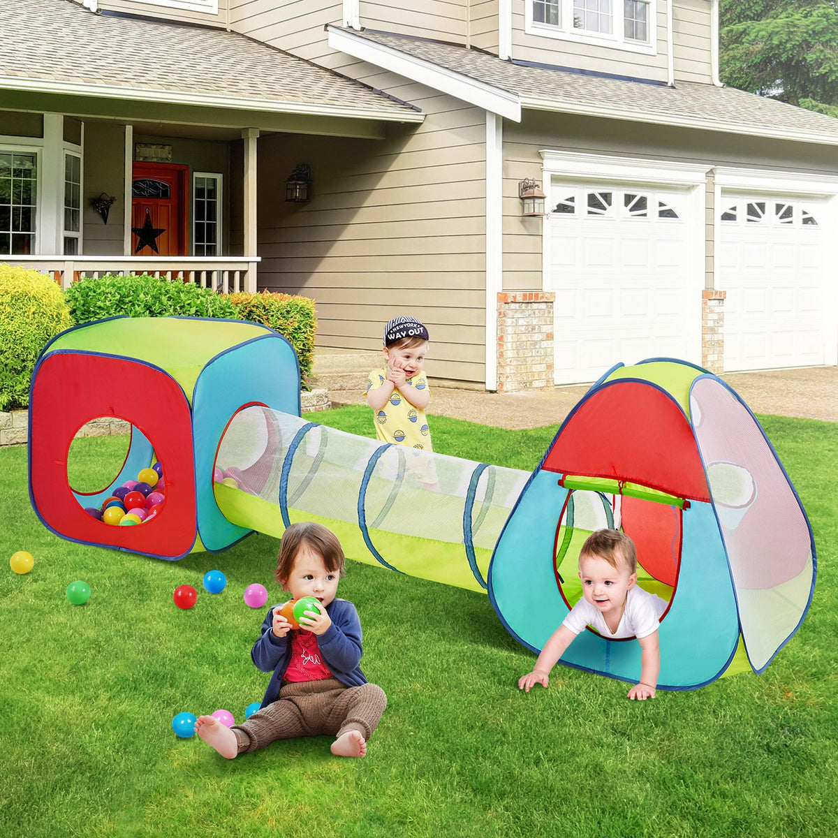 Kids Play Tent | 3-in-1 Tunnel & Playhouse | Indoor/Outdoor Red Yellow Blue Pop-Up Set with Carry Bag