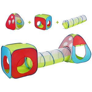 Kids Play Tent | 3-in-1 Tunnel & Playhouse | Indoor/Outdoor Red Yellow Blue Pop-Up Set with Carry Bag