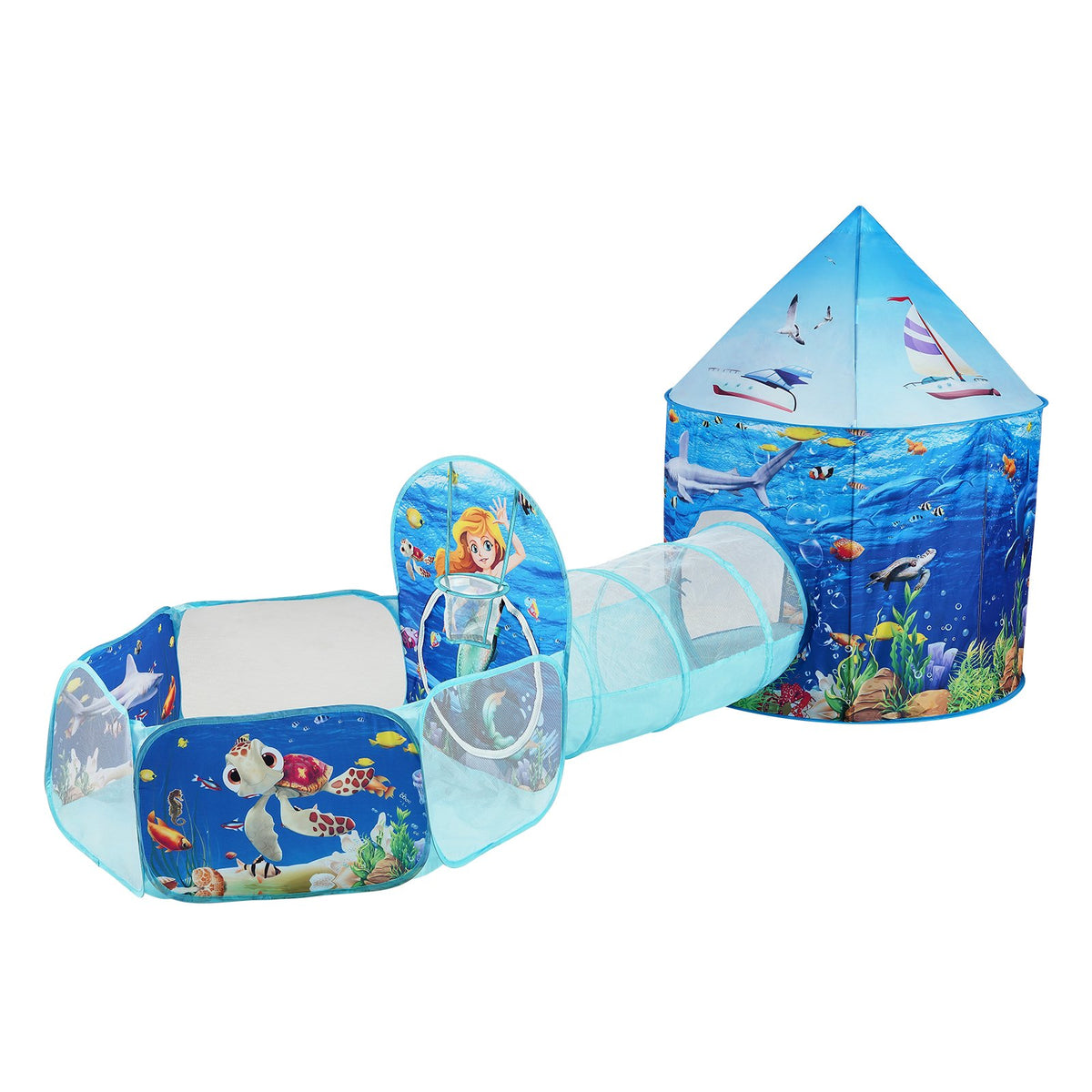 Kids Play Tent | 3-in-1 Tunnel & Playhouse with Basketball Hoop | Ocean Theme Indoor/Outdoor Set