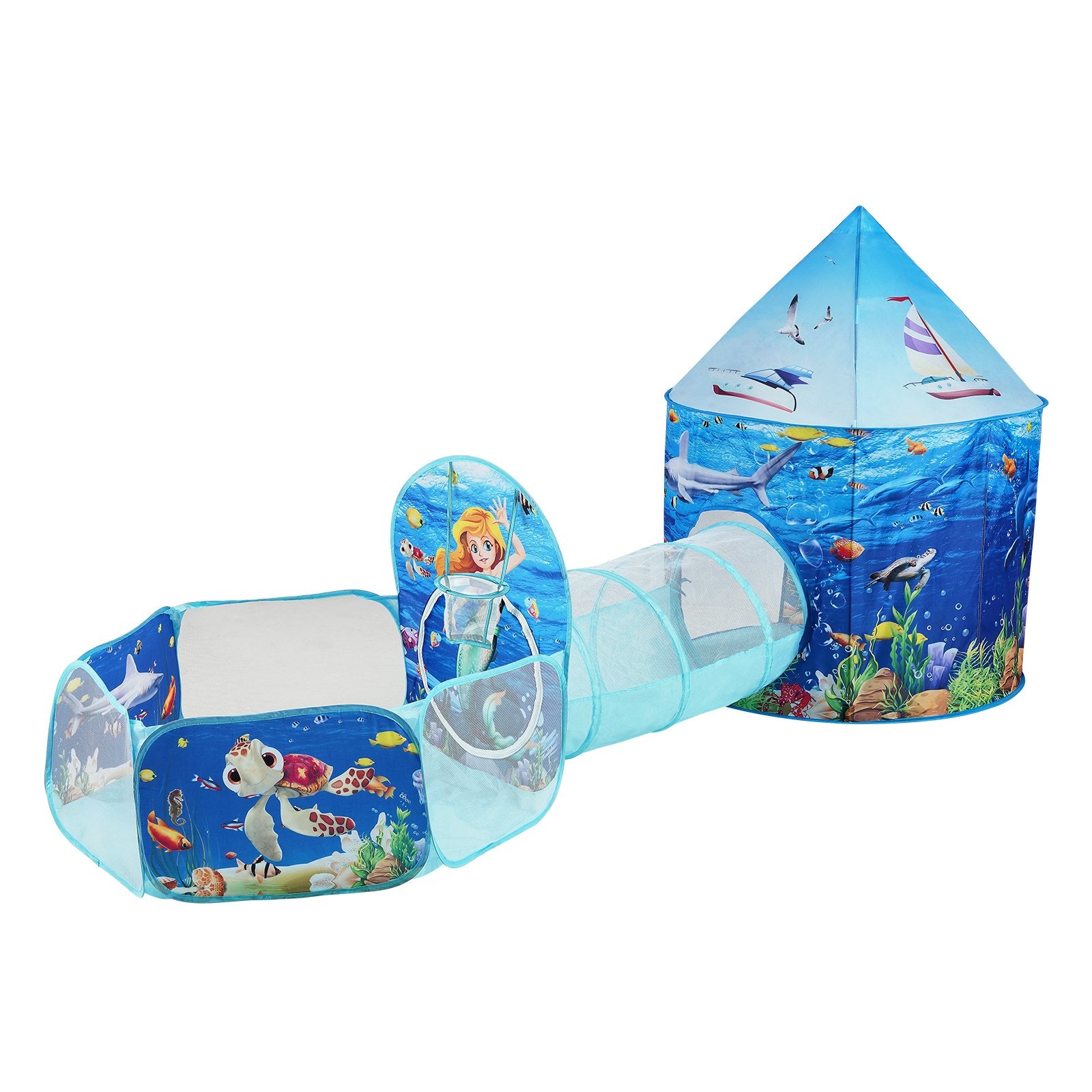 Kids Play Tent | 3-in-1 Tunnel & Playhouse with Basketball Hoop | Ocean Theme Indoor/Outdoor Set
