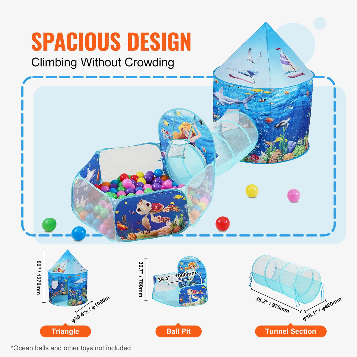 Kids Play Tent | 3-in-1 Tunnel & Playhouse with Basketball Hoop | Ocean Theme Indoor/Outdoor Set